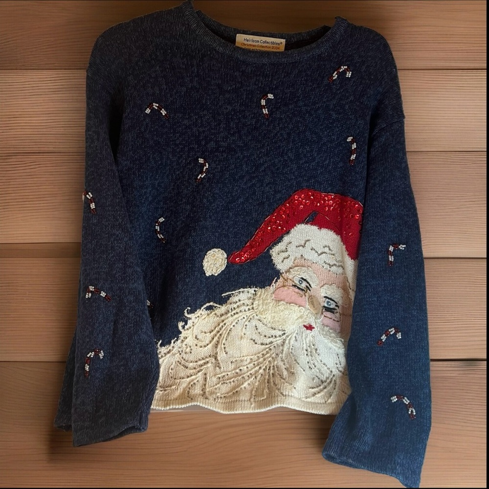 Vtg Heirloom Collectibles Santa quirky Artsy Whimsical Fun sweater 2004 large
